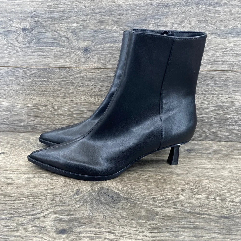 Zara Ankle Boots Womens Size 8 Black Pointed Toe Kitten Heel Side Zip